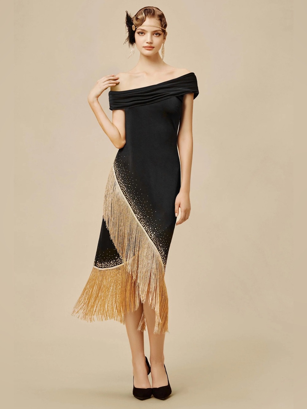 BABEYOND Off-Shoulder Black Fringe Cocktail Dress with Gold Accents